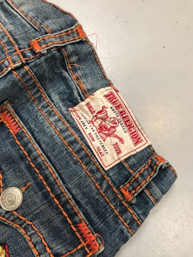 Vintage True Religion Inspired Embroidered Bootcut Jeans | Size 34 | Blue Denim — image 8 of 11