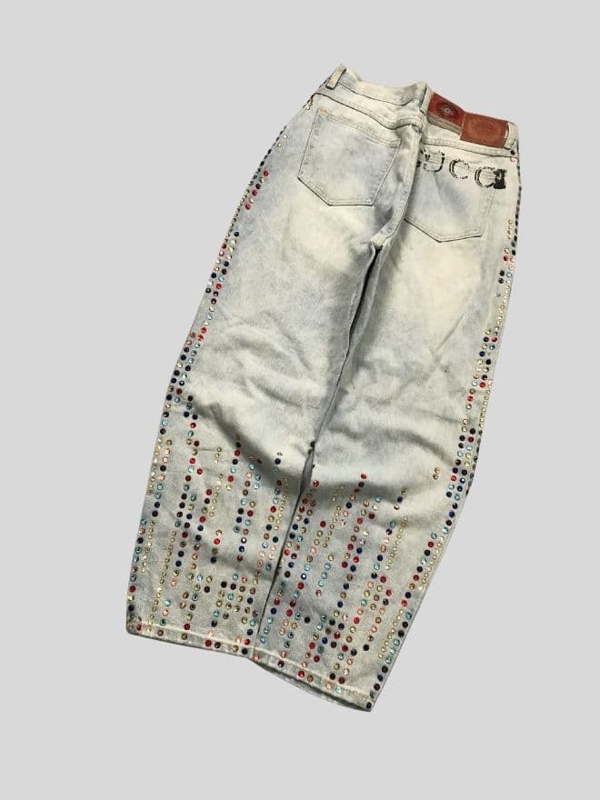 Vintage Gucci Inspired Studded Crystal Denim Jeans | Women’s Size 28 | Blue Luxury Style — image 14 of 16