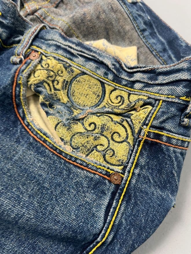 Vintage Japanese “Year of the Golden” Embroidered Denim Pants – Size 40 — image 9 of 11