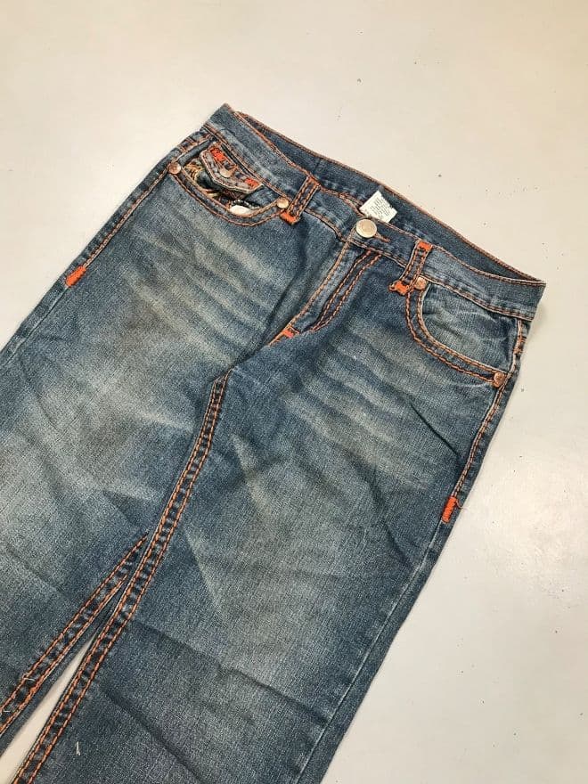 Vintage True Religion Inspired Embroidered Bootcut Jeans | Size 34 | Blue Denim — image 9 of 11