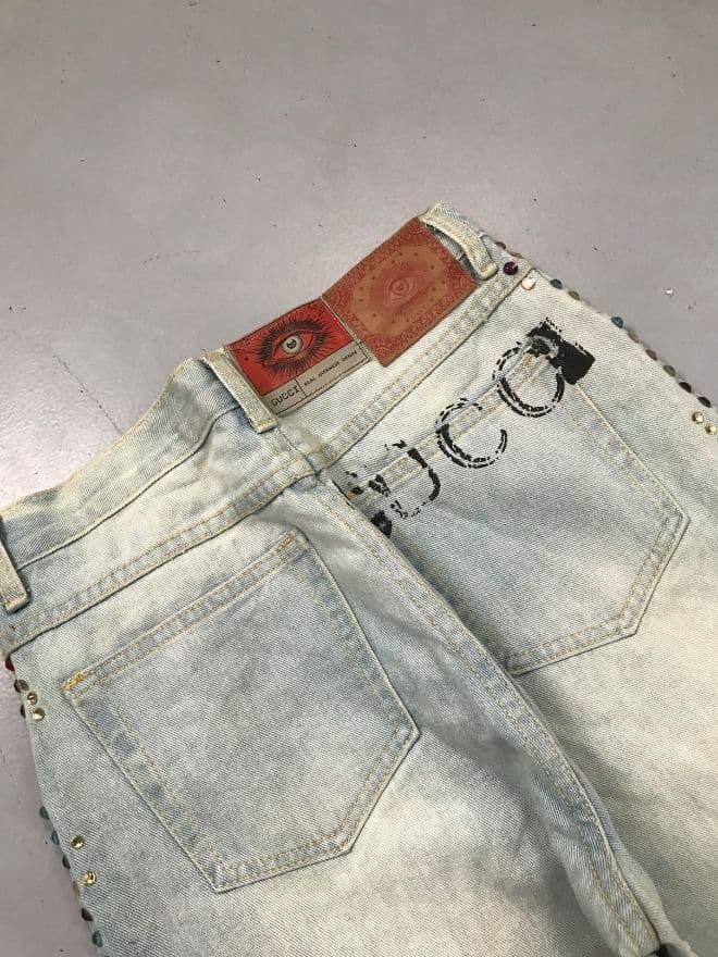 Vintage Gucci Inspired Studded Crystal Denim Jeans | Women’s Size 28 | Blue Luxury Style — image 8 of 16