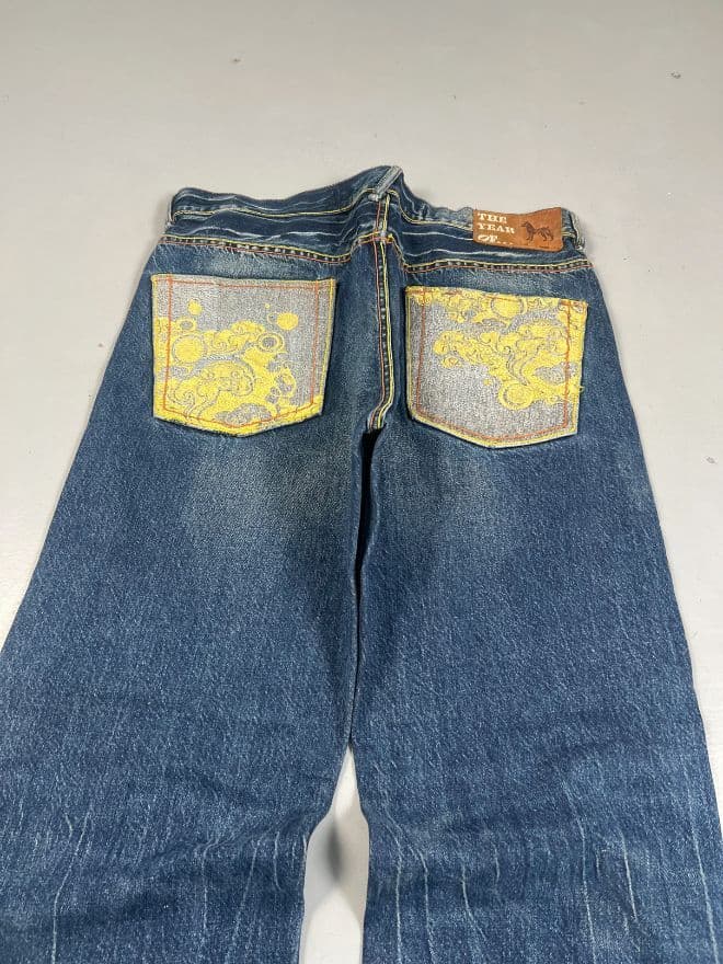 Vintage Japanese “Year of the Golden” Embroidered Denim Pants – Size 40 — image 7 of 11
