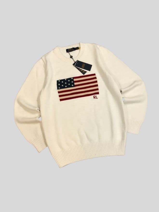 Vintage Polo Ralph Lauren Flag Knit Sweater – White – Size M — image 7 of 8