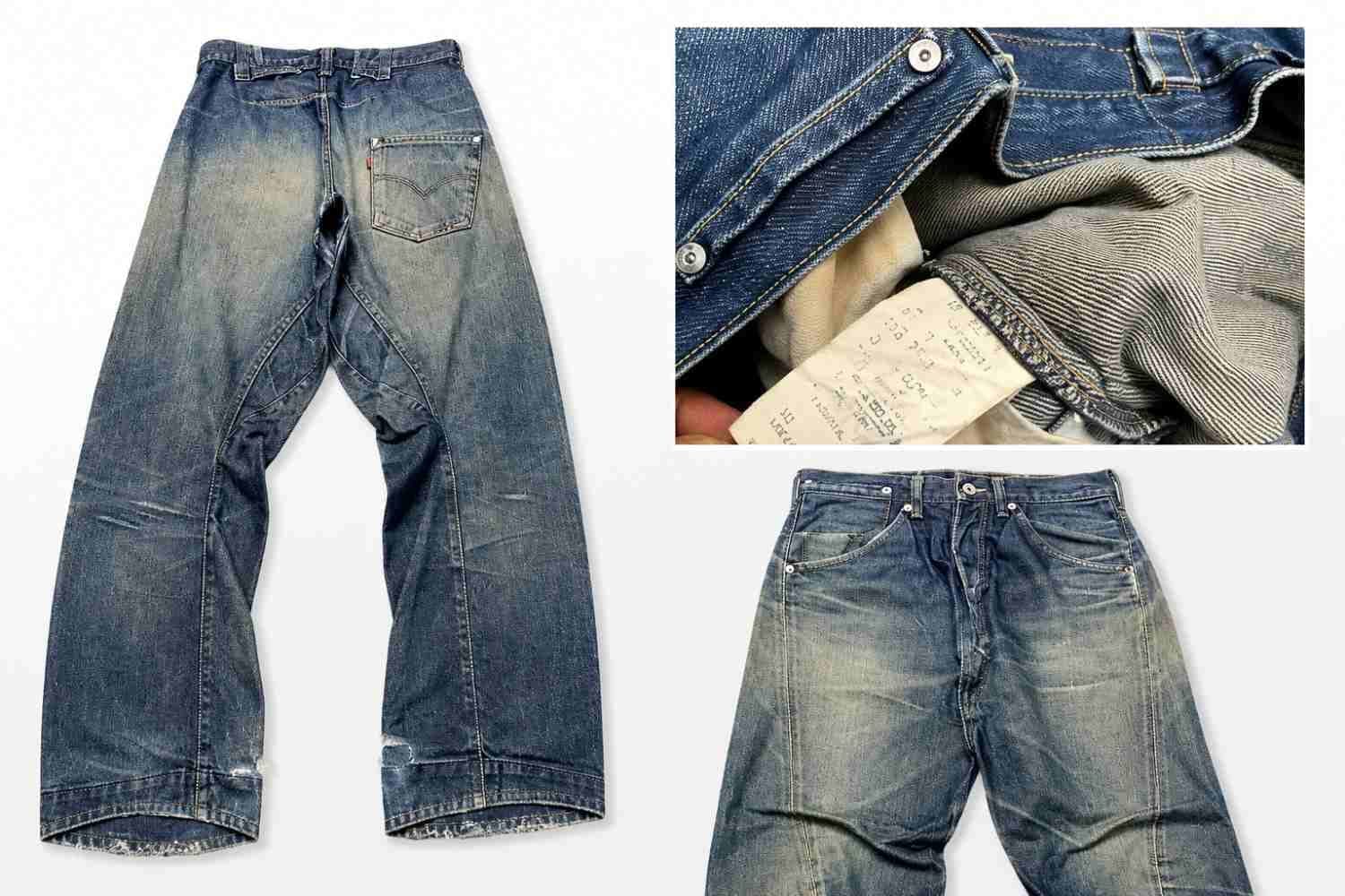 Vintage worn denim jeans showing front back and label details