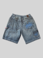 Vintage 90s JNCO carpenter jorts featuring a baggy fit, classic utility pockets, and a unique embroidered crown detail.