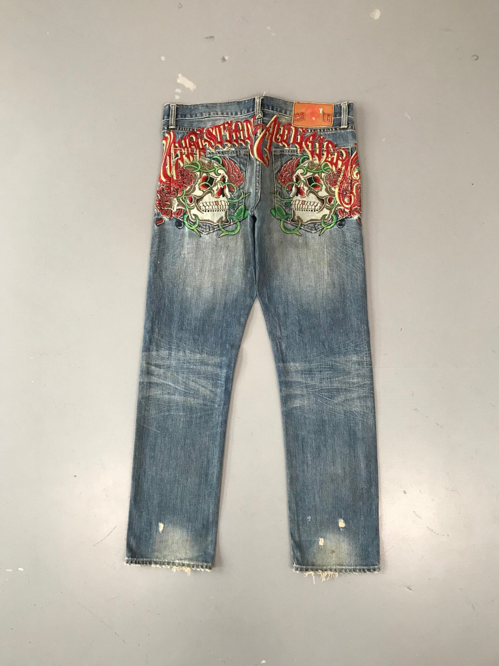 VINTAGE CHRISTIAN AUDIGIER ROSE SKULL EMBROIERED DENIM