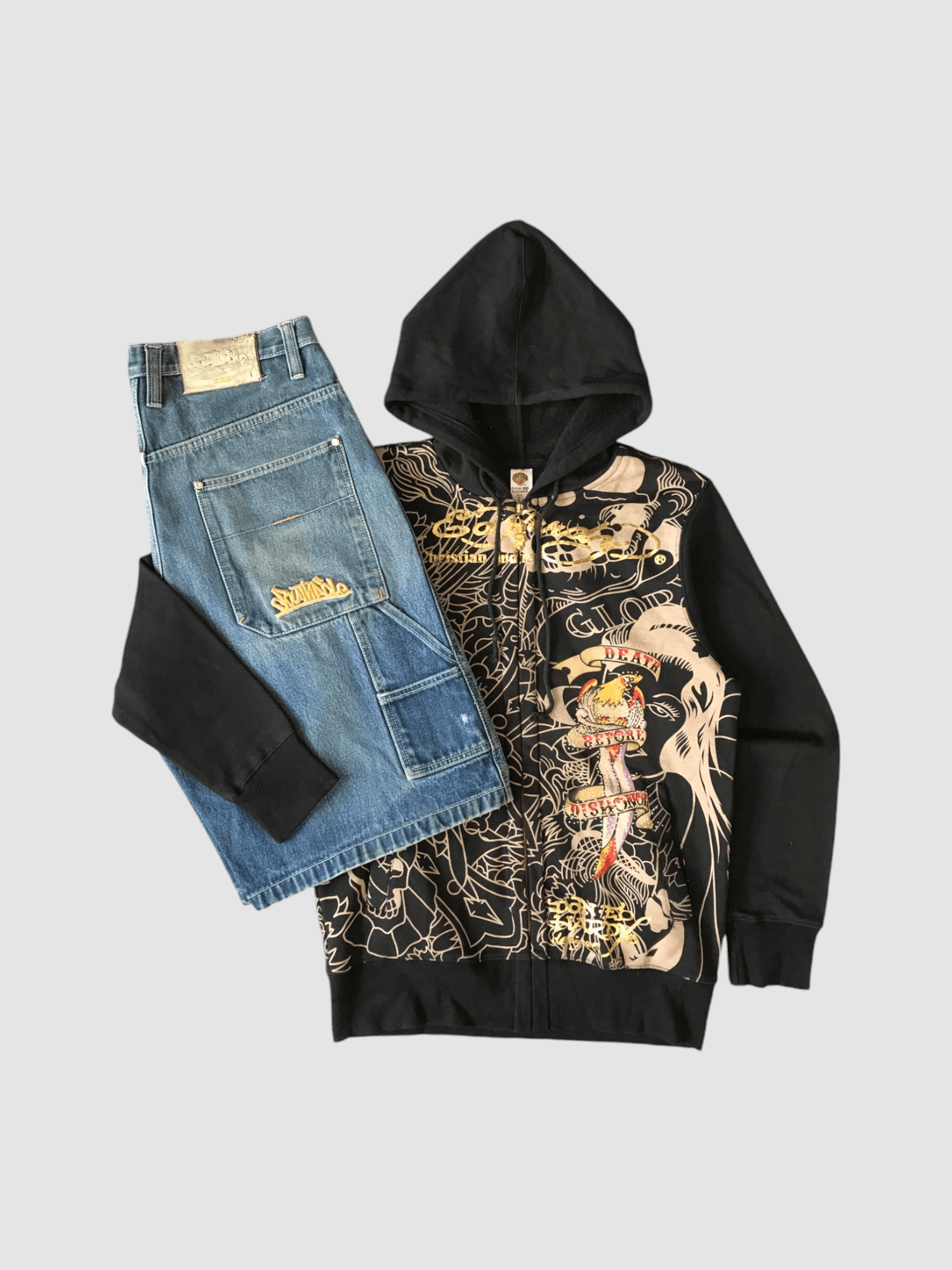 Vintage ED HARDY Rhinestone Skull Hoodie X Southpole Spillout Jorts