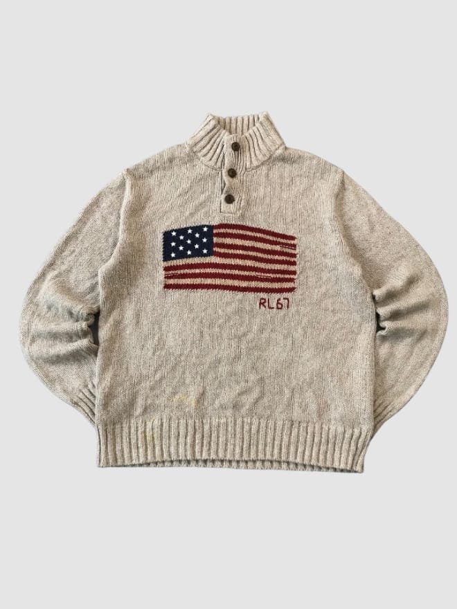 RARE VINTAGE POLO RALPH LAUREN FLAG SWEATER BUTTON UP