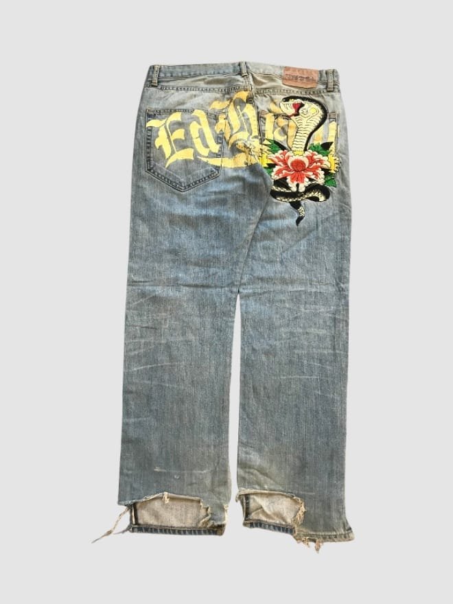 VINTAGE ED HARDY CRAZY SNAKE EMBRPOIDERED DENIM