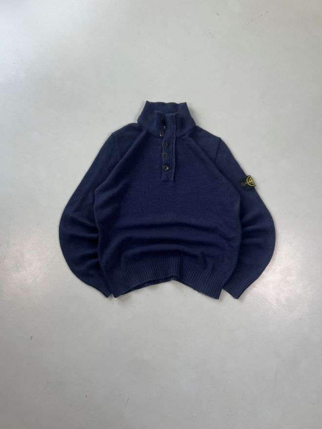 Vintage Stone Island Button-Up Knit Sweater – Blue – Size S