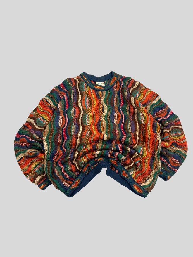 Vintage COOGI 3D Multicolor Knit Cardigan | Textured Pattern | Size XL