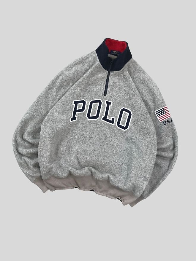 Vintage Polo Ralph Lauren Spell Out Big Pony Knit Sweater — Men’s L — Grey