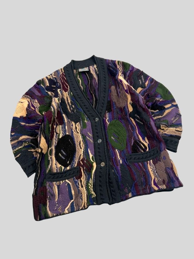 Vintage Coogi 3D Multicolor Knit Cardigan — Size S | Rare Textured Sweater