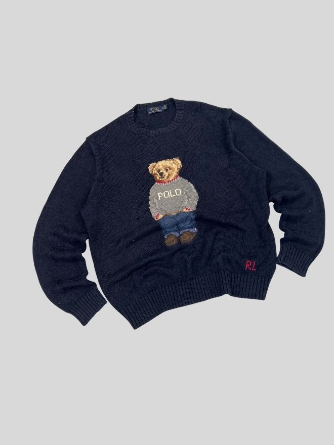 Vintage Polo Ralph Lauren Bear Knit Sweater – Blue – Size XL