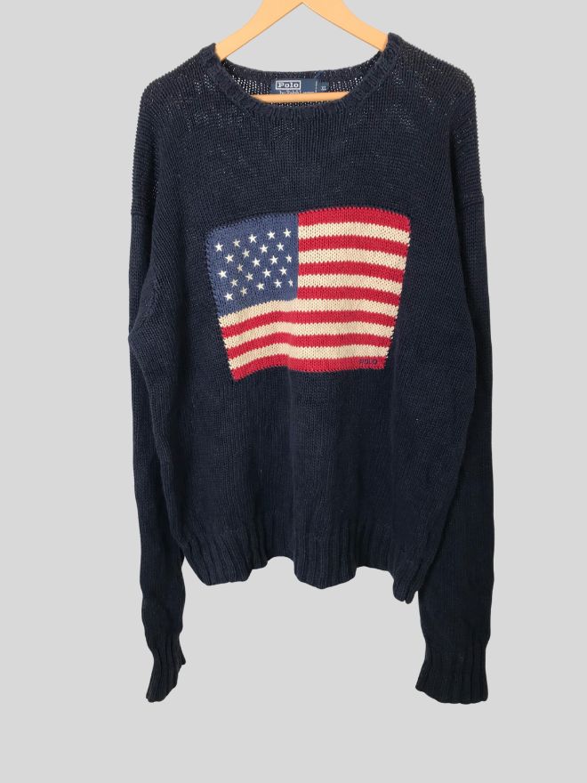 Vintage Polo Ralph Lauren Knit Flag Sweater – Blue – Size XL
