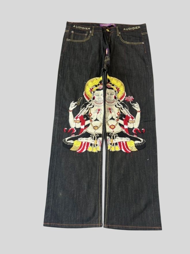Vintage Ed Hardy Crazy Skull Embroidered Baggy Denim – Size 40